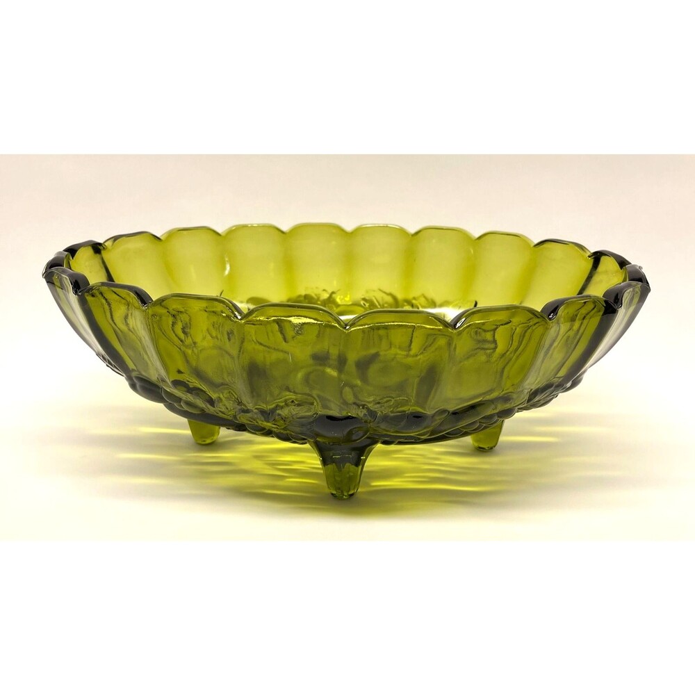 VTG Indiana Glass Large Avocado Green Footed Fruit Bowl Colony Harvest Grape MCM